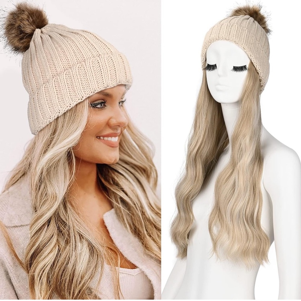 White Beanie Light Golden Blonde Hat Wig with Faux Fur Pom Hat